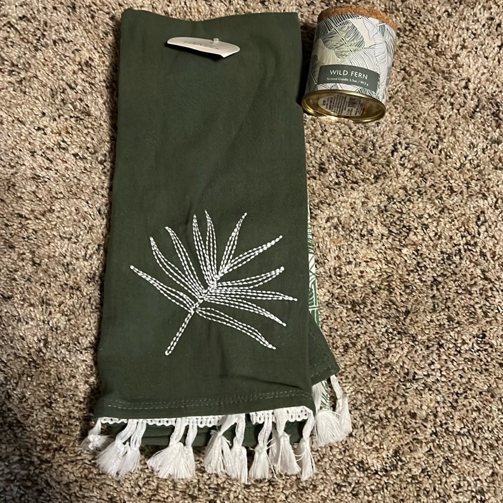 2 piece dish towel set with matching wild fern candle.  Make a cute gift.  New.